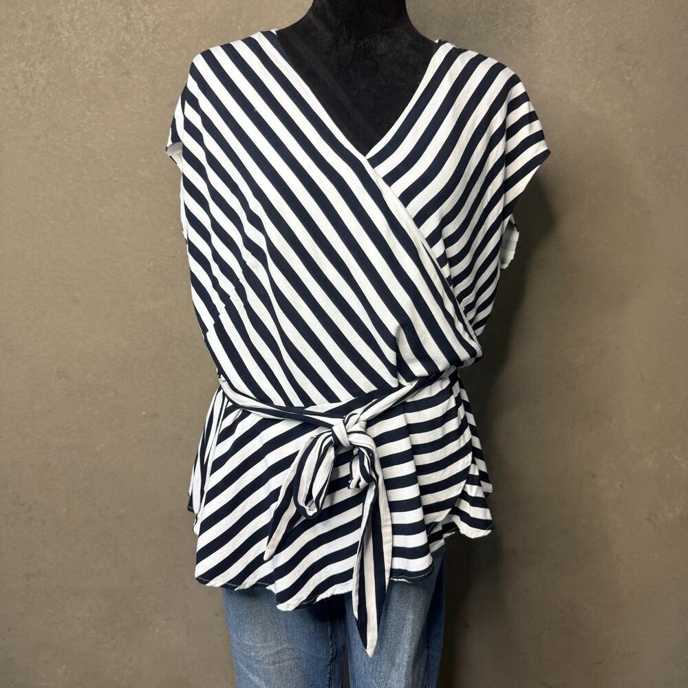 LOFT Black and White Striped Wrap Top Tie Waist Cap Sleeve Size L